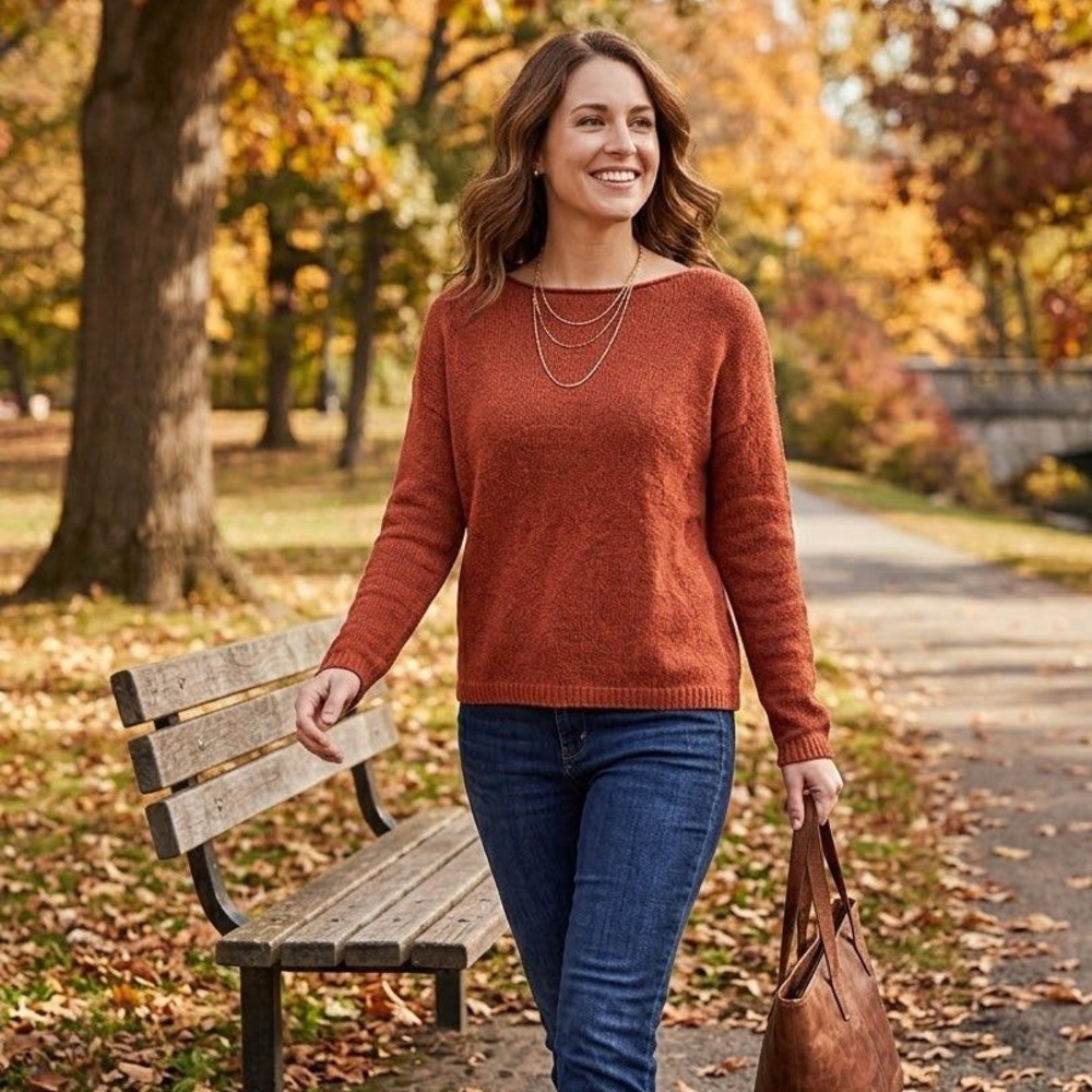 Contemporaine Sweater Womens Medium Orange Boat Neck Knit Fall Earthy Earth Tone